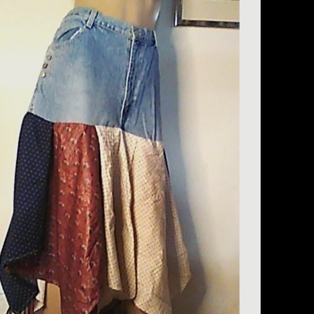 Hippy Skirt Upcycled Jeans Size 16 Midi Boho Gypsy Style One Of A Kind
